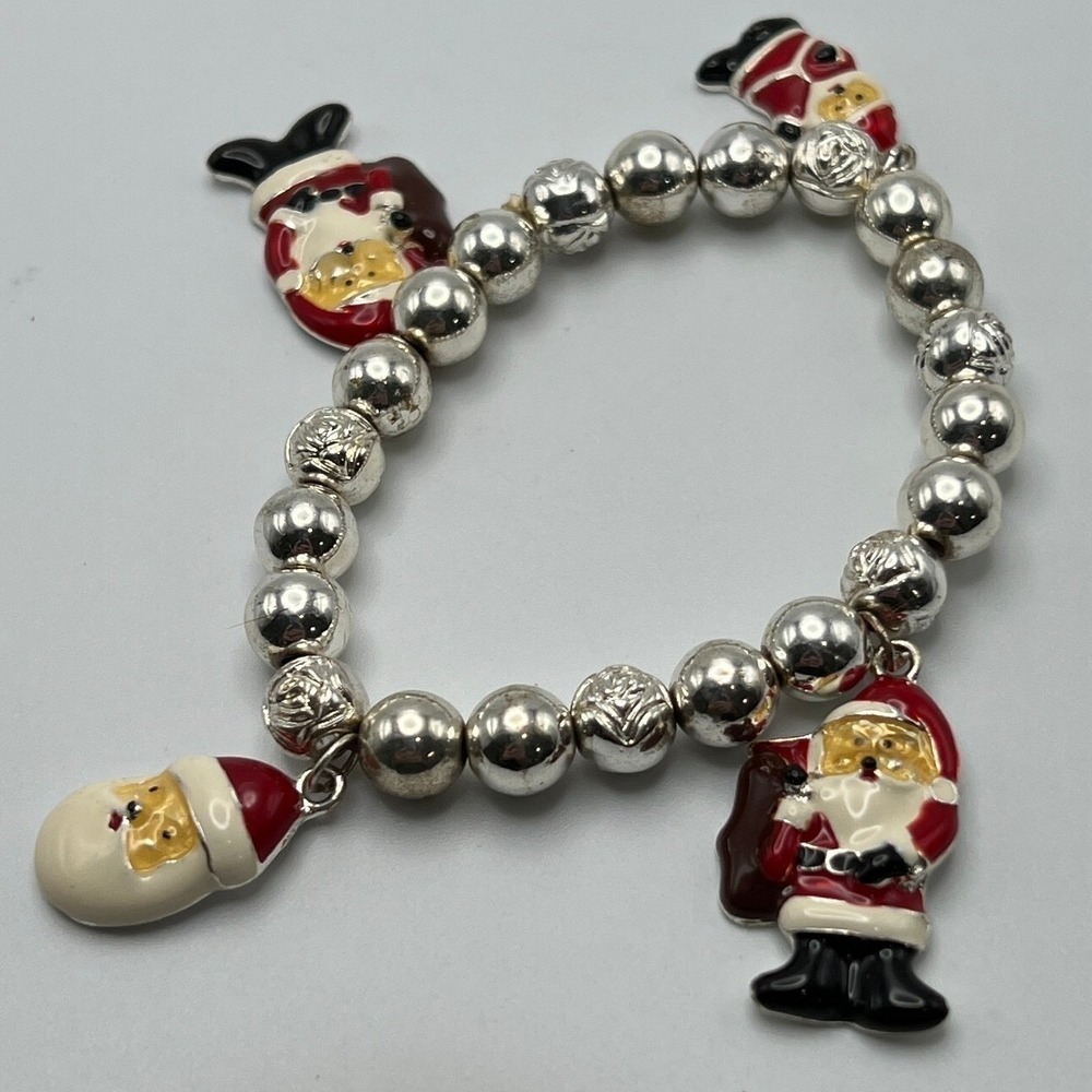 Christmas‎ Stretch Bracelet Silver Tone Beads Enamel Santa Charms